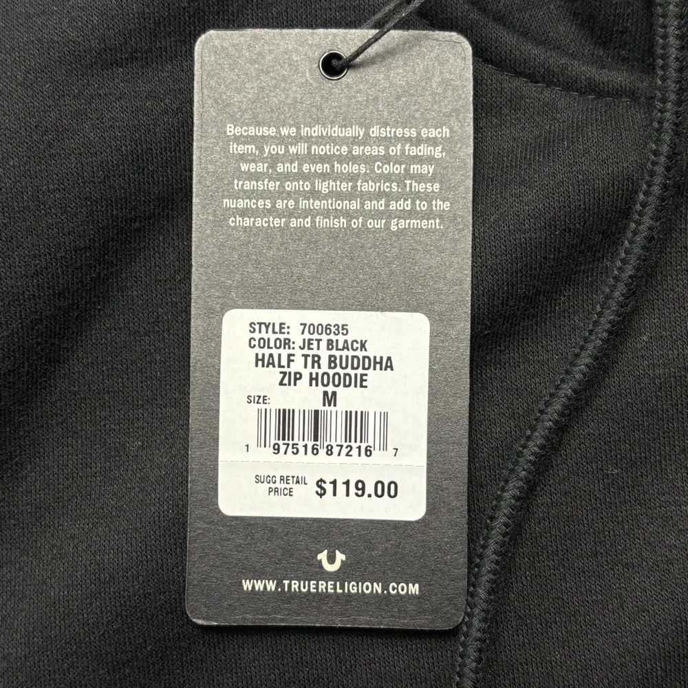 NWT True Religion Full Zip Buddha Hoodie Size M Logo Jet Black MSRP $119